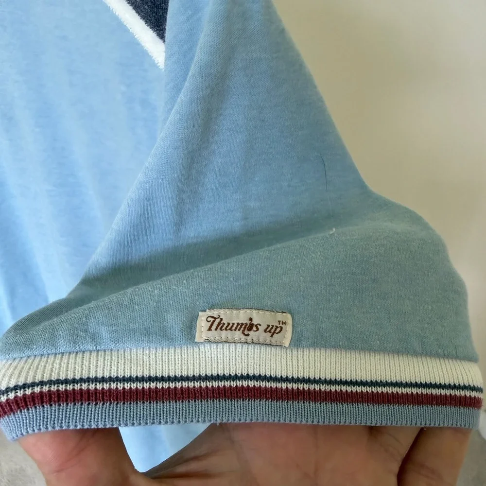 60's Thumbs Up Sears Blue Knit Shirt‎ Terry Shoulder Colorblock Large Distressed